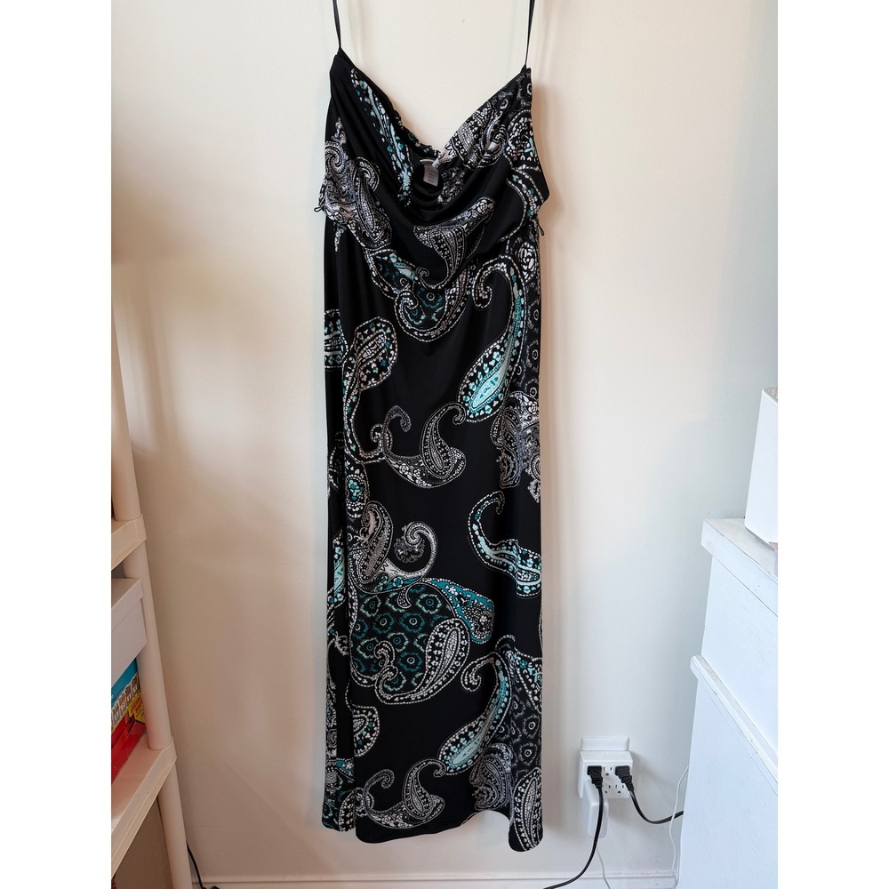 White House Black Market Paisley Cowl Neck Maxi Dress Black Teal White Small